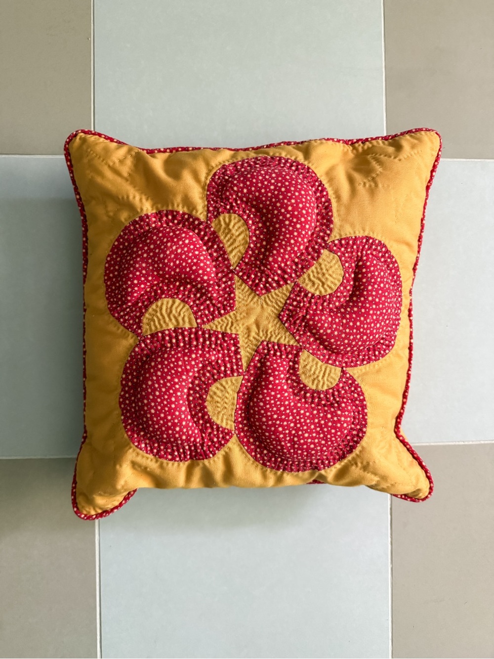 Vintage Handmade Quilted Decorative Pillow in Mustard Yellow & Red